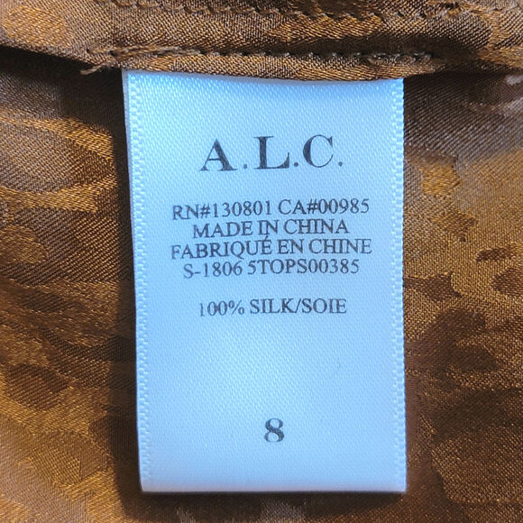 ALC Silk Animal Print Mandarin Collar Long Sleeve Button Down Blouse Top Size 8 - Picture 14 of 16